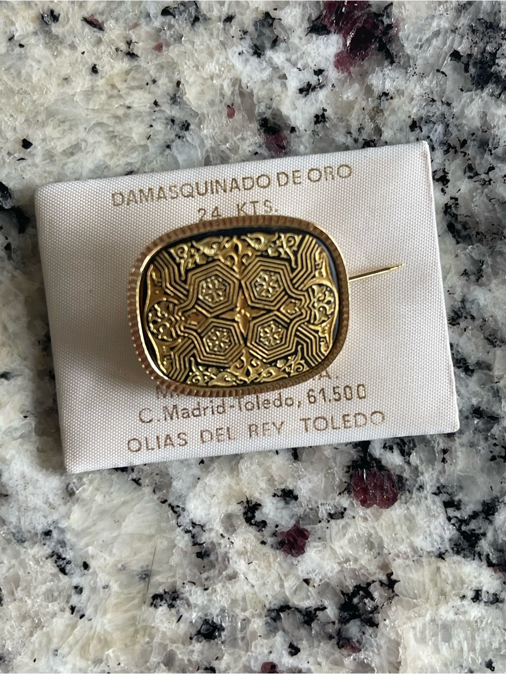 Vintage Spanish Damascene Brooch 24K Gold Inlay – Authentic Geometric Toledo Pin